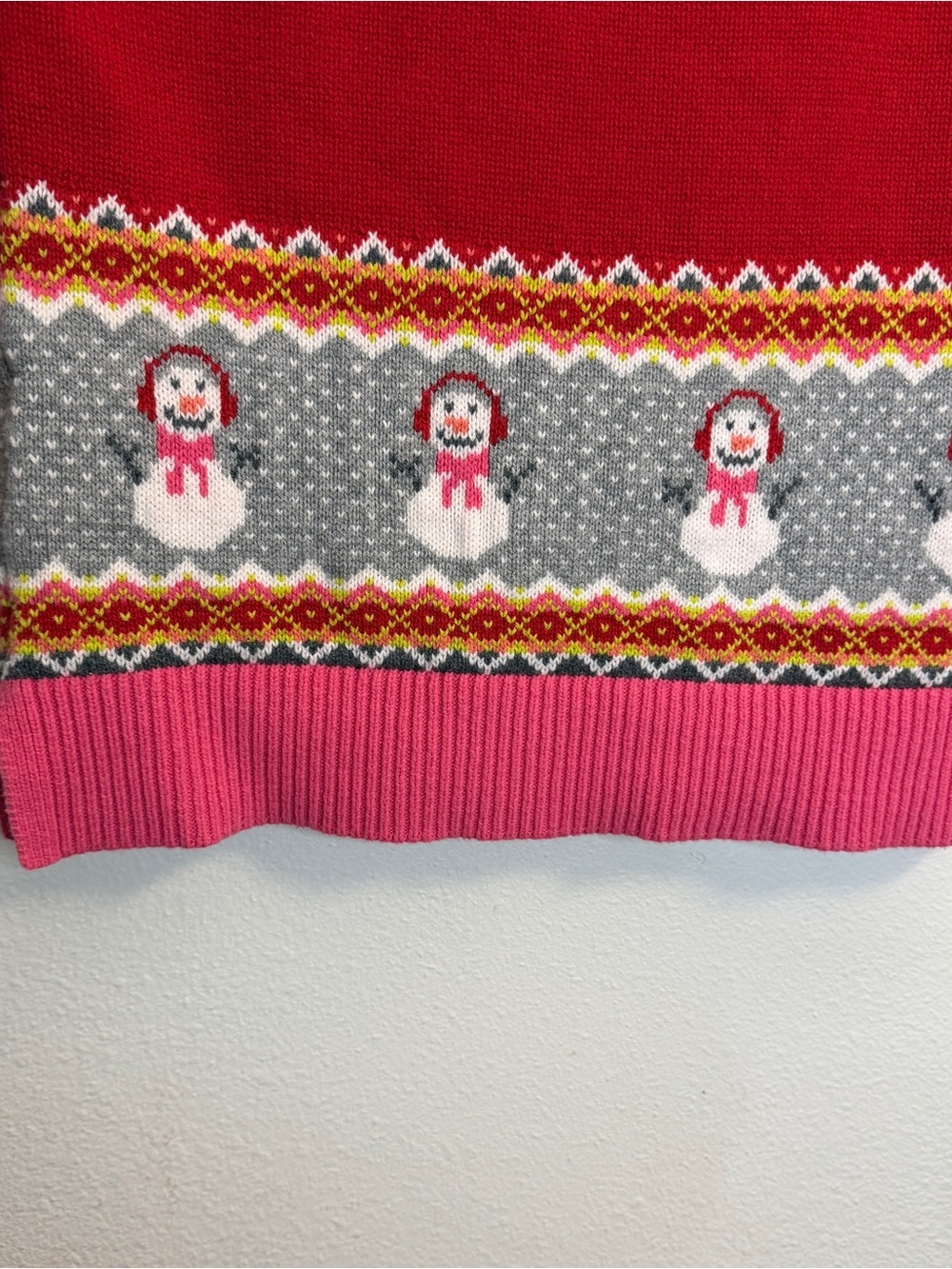 Lands' End Red Knit Tunic Sweater/ Dress, Pink Trim & Snowman Fair Isle M 10/12 - Picture 4 of 8